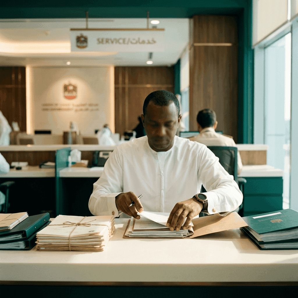 A PRO clearing company documents at a Dubai government counter