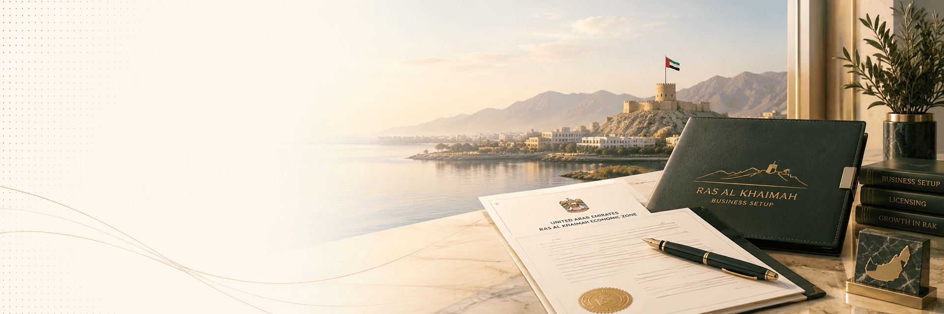 Ras Al Khaimah skyline with UAE business licence documents