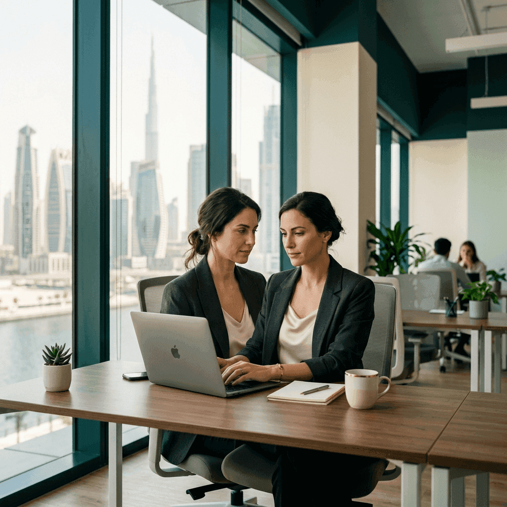 An independent consultant working at a laptop in a modern office